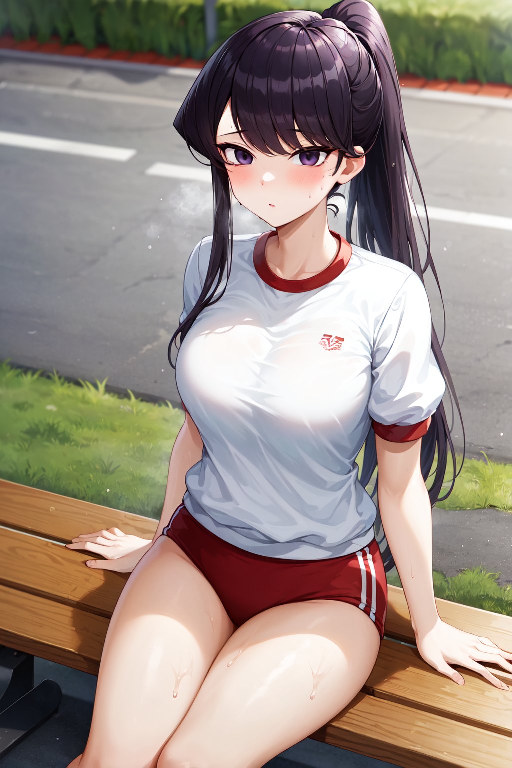 masterpiece, best quality, highres, aashouko, long hair, ponytail, breasts, gym uniform, gym shirt, white shirt, short sleeves, red buruma, <lora:komi_shouko_v1:0.7>, sitting, bench, (sweat:1.2)