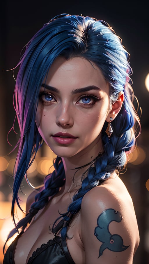 (best quality, masterpiece, colorful, dynamic angle, highest detailed)(Jinx, Legue of Legends, Arcane) upper body professional photo, award winning fashion photography of sexy, intense blue long hair, Jinx  <lora:JinxLol:1>, Legue of Legends, Arcane, flirting, bokeh, (intricate details, hyperdetailed:1.15), detailed, moonlight passing through hair, perfect night (fantasy colorful art background, extreme detailed, highest detailed, natural skin texture, hyperrealism, soft light, sharp, perfect face), HDR+