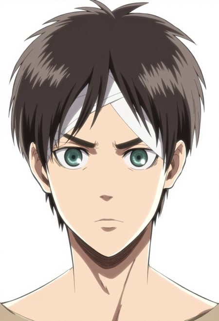 A digital drawing in anime style depicting a young man with short, messy dark hair. His expression is serious, and his large green eyes reflect determination. He has a thin scar on his right cheek, and a white bandage is wrapped around his head, hinting at an injury, eren yeager.