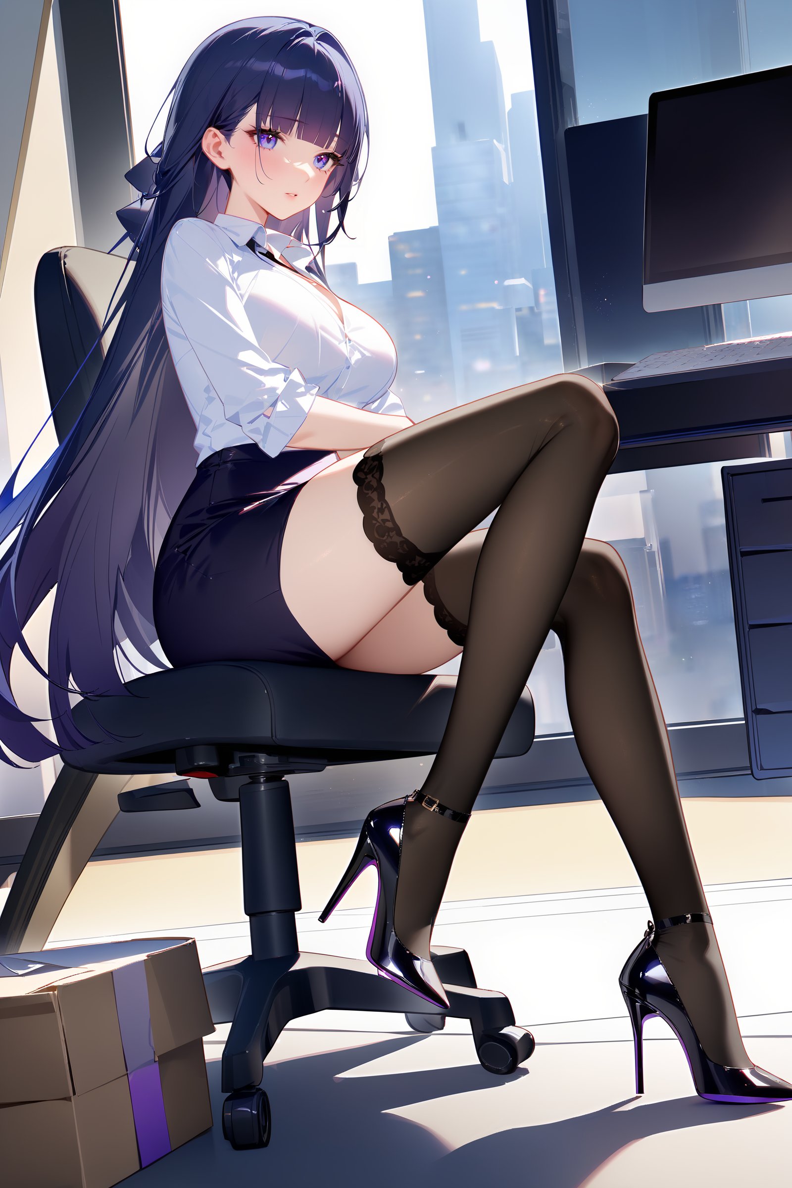 masterpiece, best quality, very aesthetic, ray tracing, newest,(hitenkei, askzy:0.5), 1girl, raiden mei, solo, office lady, collared shirt, white shirt, pencil skirt, black thighhighs, high heels, sitting, full body, office, office chair, indoors, depth of field  <lora:Char-Honkai-Raiden_Mei-XL-V1:0.9>