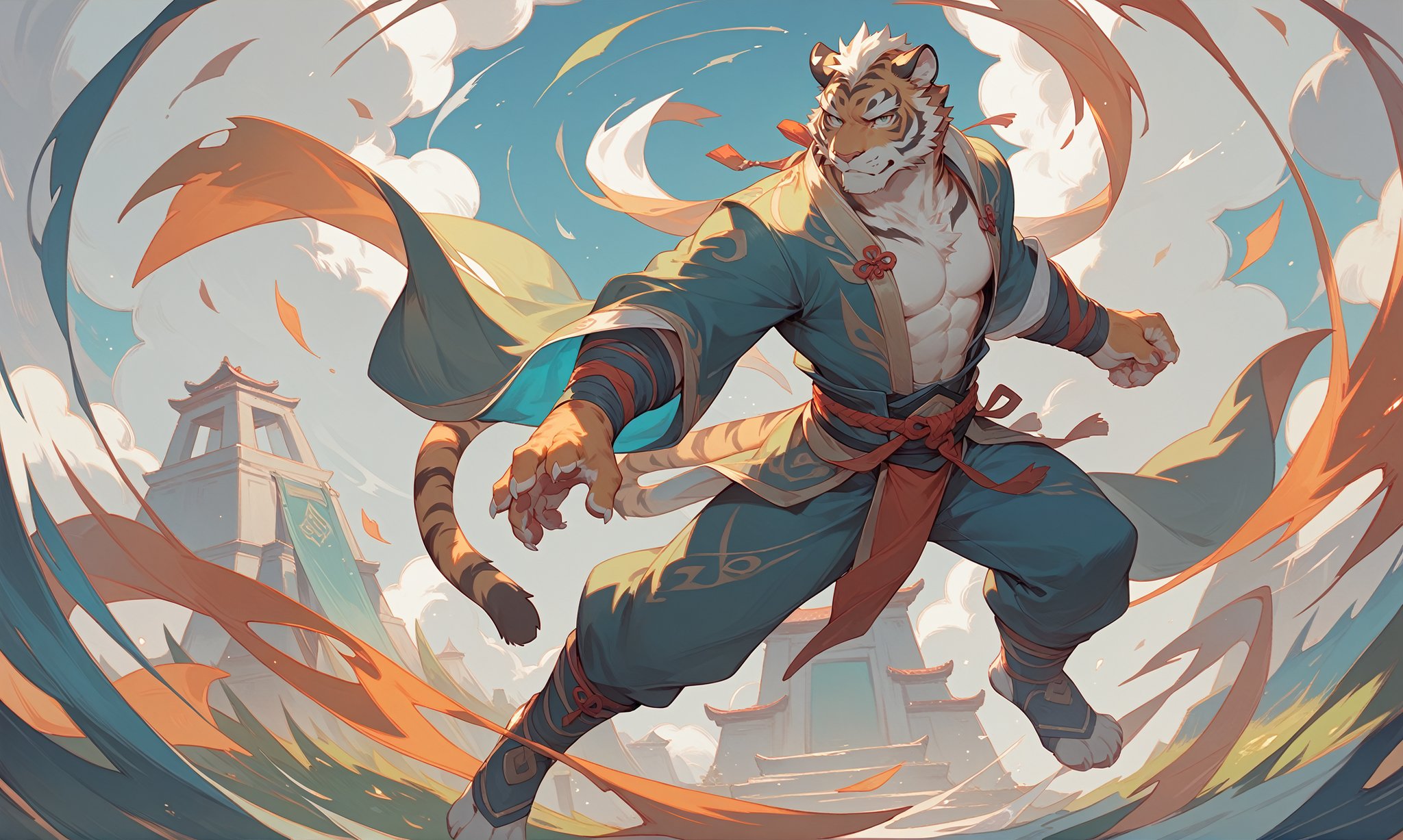 score_9,score_8 up,score_7 up,score_6 up,score_furry,han fu,anthro,mammal, solo,male,felid,clothing,solemn, tiger, fur, stripes, pantherine, striped body, muscular anthro, hi res, striped fur,full body <lora:Hanfu_XL_Pony_1-000012:0.8>