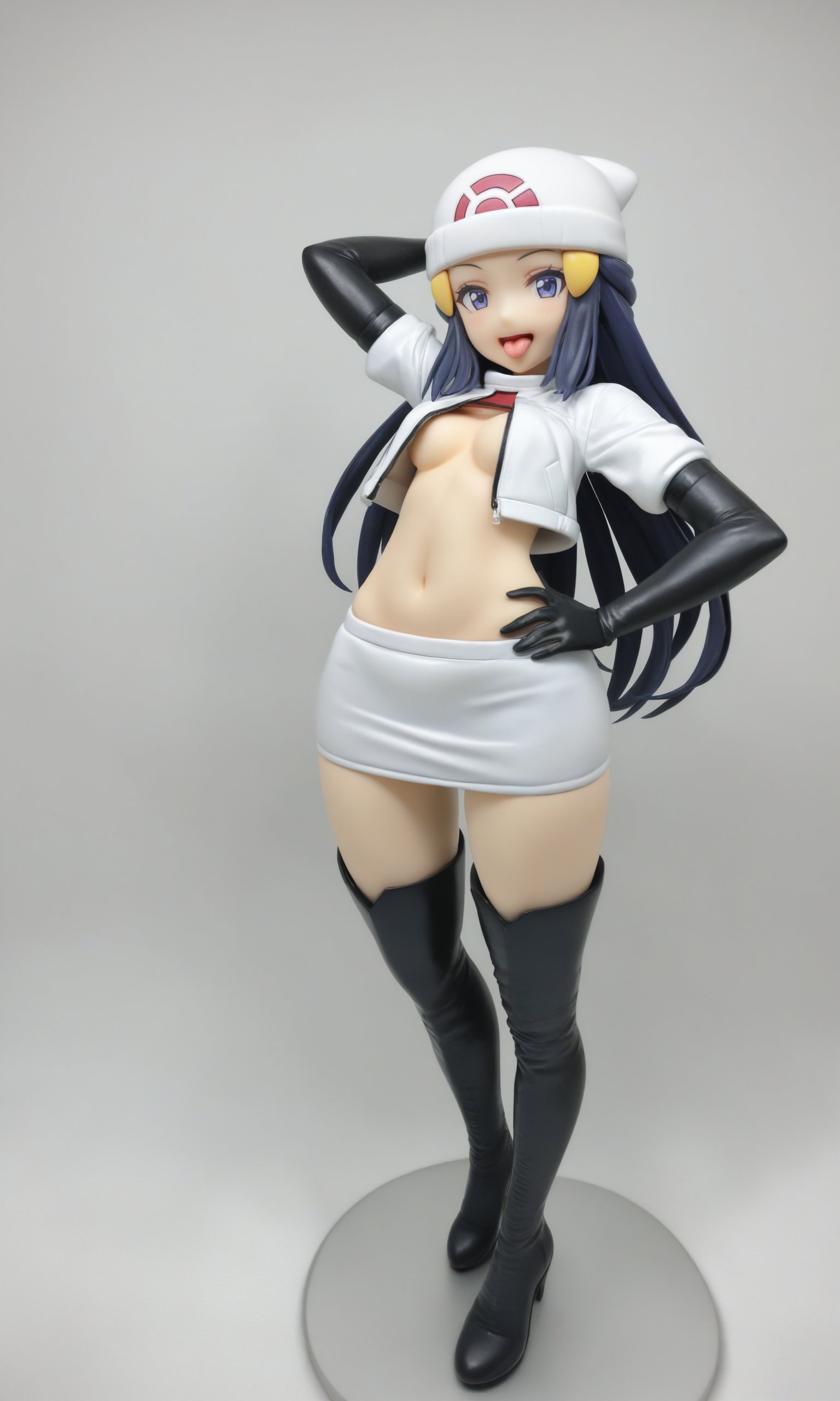 figure,masterpiece,best quality,<lora:dawn_(pokemon):1>,commentary_request, white_headwear, elbow_gloves, hairclip, logo, white_background, solo, hand_on_own_hip, sidelocks, :d, white_skirt, black_footwear, open_mouth, team_rocket_uniform, eyelashes, beanie, happy, highres, thigh_boots, black_gloves, cropped_jacket, dawn_\(pokemon\), absurdres, short_sleeves, 1girl, tongue, jessie_\(pokemon\)_\(cosplay\), white_jacket, navel