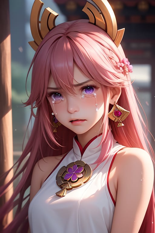 ba shen zi,1girl,solo,purple eyes,pink hair,animal ears,long hair,hair between eyes,blush,fox ears,bare shoulders,jewelry,earrings,bangs,closed mouth,japanese clothes,portrait,bright personality,optimistic outlook,free-spirited,carefree attitude,playful spirit,(positive vibes:1.2),<lora:aki-000002:0.5>,(an angry and flushed expression:1.2),(tears and tears:1.5),