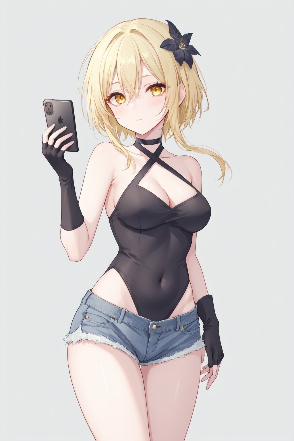 1girl, breasts, blonde hair, phone, solo, cellphone, hair ornament, leotard, denim, shorts, holding phone, denim shorts, hair flower, smartphone, covered navel, cleavage, holding, yellow eyes, highleg, feathers, thighs, highleg leotard, medium breasts, grey background, short shorts, black leotard, cutoffs, choker, bare shoulders, cowboy shot, fingerless gloves, gloves, bangs, simple background, black gloves, feather hair ornament, short hair with long locks, black choker, hair between eyes, closed mouth, selfie, halterneck, po style, s6xryc3, add9evlo65x, sfd6de8tv, sd6cepo5s, sf6ce9w8hd, sd69eogd, 5wsd6gics