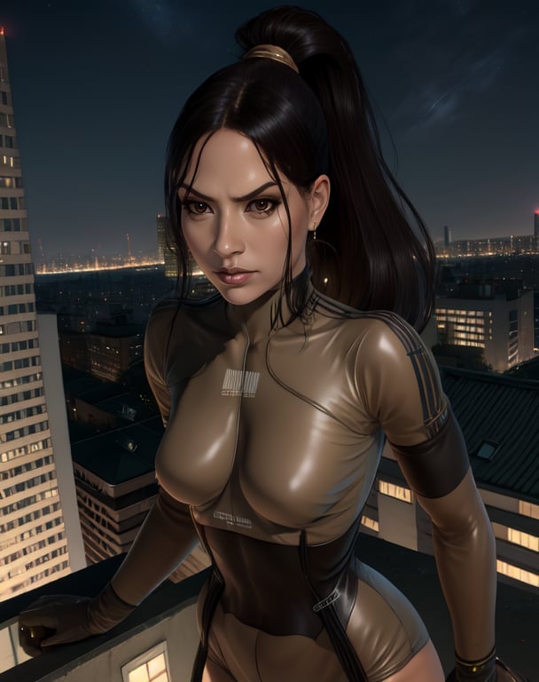 rven,black hair,brown eyes,ponytail,serious,tan bodysuit,skin tight,gloves,latex,standing,upper body,rooftop,standing,night,city,(insanely detailed, beautiful detailed face, masterpiece, best quality),<lora:RavenMGS4-10:0.7>,