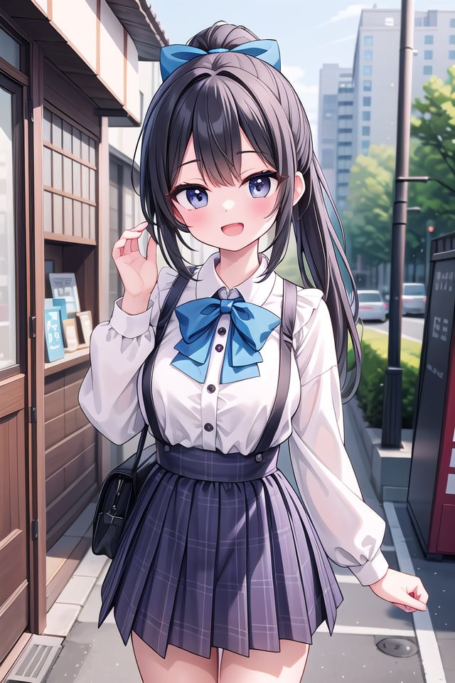 insanely detailed, absurdres, ultra-highres, ultra-detailed, best quality,1girl, solo, nice hands, perfect handsBREAKjirai kei,plaid skirt, shirt, long sleeves, bow, blue skirt, white shoulder frilly shirt, outdoors, blue bow, long hair, (cleavage:-1.5)BREAKhappy smile, laugh, open mouthBREAK45 angle,standing, cowboy shot, looking at viewerBREAKslender, kawaii, perfect symmetrical face, ultra cute girl, ultra cute face, ultra detailed eyes, ultra detailed hair, ultra cute, ultra beautifulBREAKin japanese street, cityscape in japan, depth of field, ultra detailed backgroundBREAKlarge breastsBREAKblack hair, black eyes, ponytail,