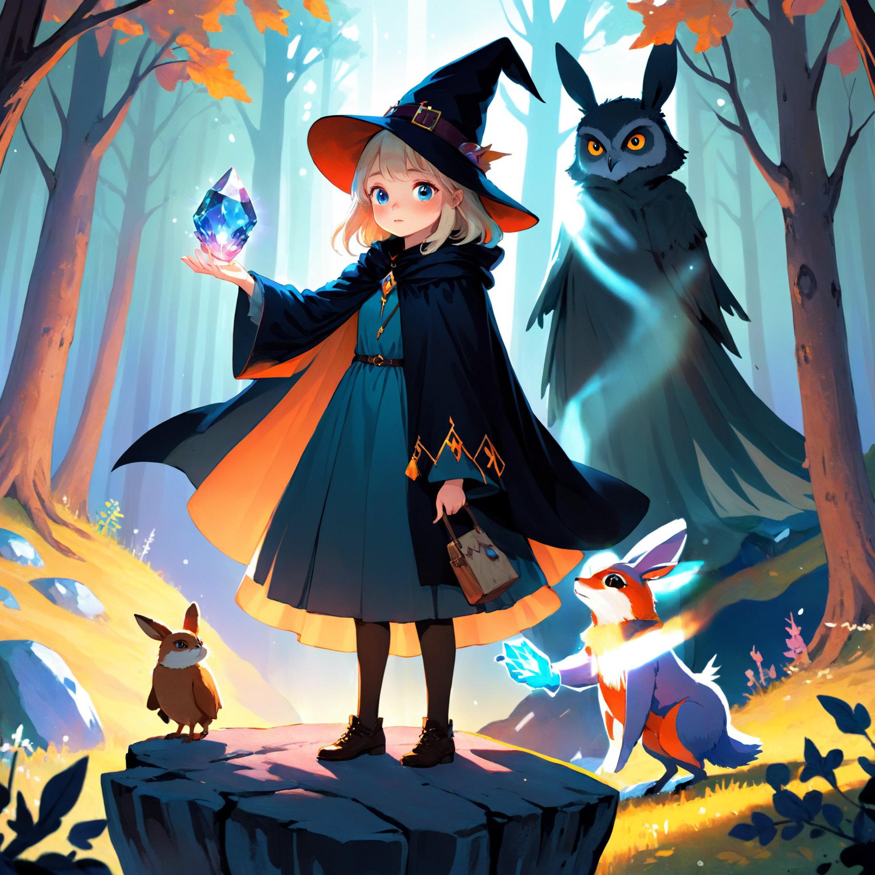 Illustration of Irina from The Journey of the Witch, a young cute wizard girl wearing a pointed hat and a cloak, standing on a cliff overlooking a vast magical forest. She is holding a glowing crystal in one hand, while her other hand is outstretched towards a group of friendly woodland creatures, including a wise old owl, a playful fox, and a mischievous rabbit, all casting curious glances at her. The sky above is filled with swirling colors of