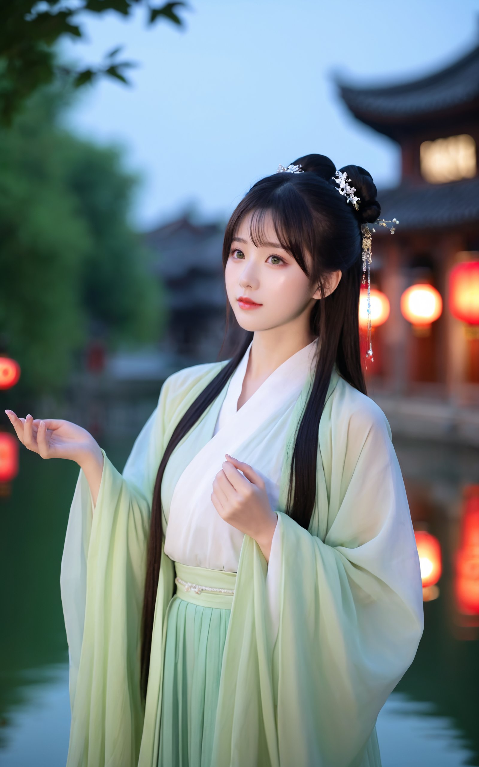 1girl,solo,long hair,black hair,dress,hair bun,blurry,black eyes,chinese clothes,looking up,light green hanfu,night,jiangnan water town.,good hands,anatomical hands,perfect hands,