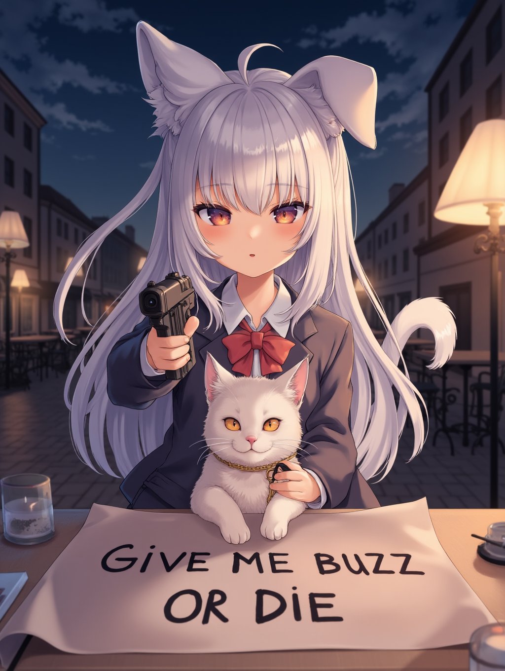 kedamamilk,A anime dog girl pointing a gun at viewer. night city. Cat hold table with text "Give me buzz or die"<lora:kedama-000019:0.95>,