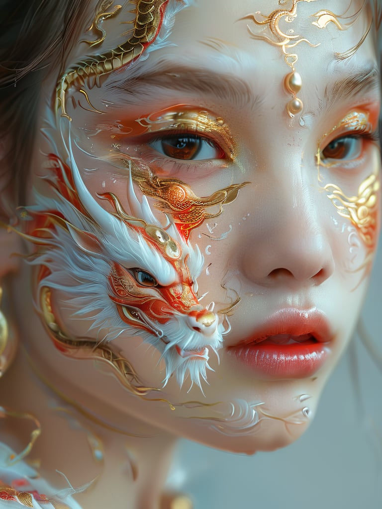 makeup,1girl,solo,symmetric half face,dragon pattern,portrait,brown eyes,brown hair,realistic,parted lips,lips,blur,looking at viewer,closeup,makeup,<lora:xlgfzr:1>,