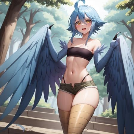 best quality, 4k, ((masterpiece)), extremely detailed, 8k, trending on ArtStation, Intricate, High Detail, Sharp focus, <lora:Papi:1>1girl, ahoge, wings, monster girl, winged arms, solo, harpy, blue hair, blue wings, shorts, feathered wings, open mouth, feathers, talons, forest, small breasts, short shorts, yellow eyes,cowboy shot, smile, bandeau, short hair,scales, bird legs, looking at viewer,navel, narrow waist, 