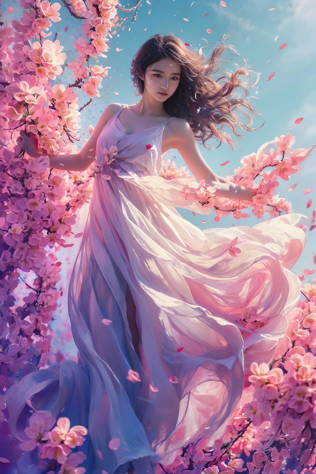 sdmai, fengwu, 1girl, solo, dress, flower, long hair, brown hair, cherry blossoms, sky, brown eyes, white dress, day, petals, wind