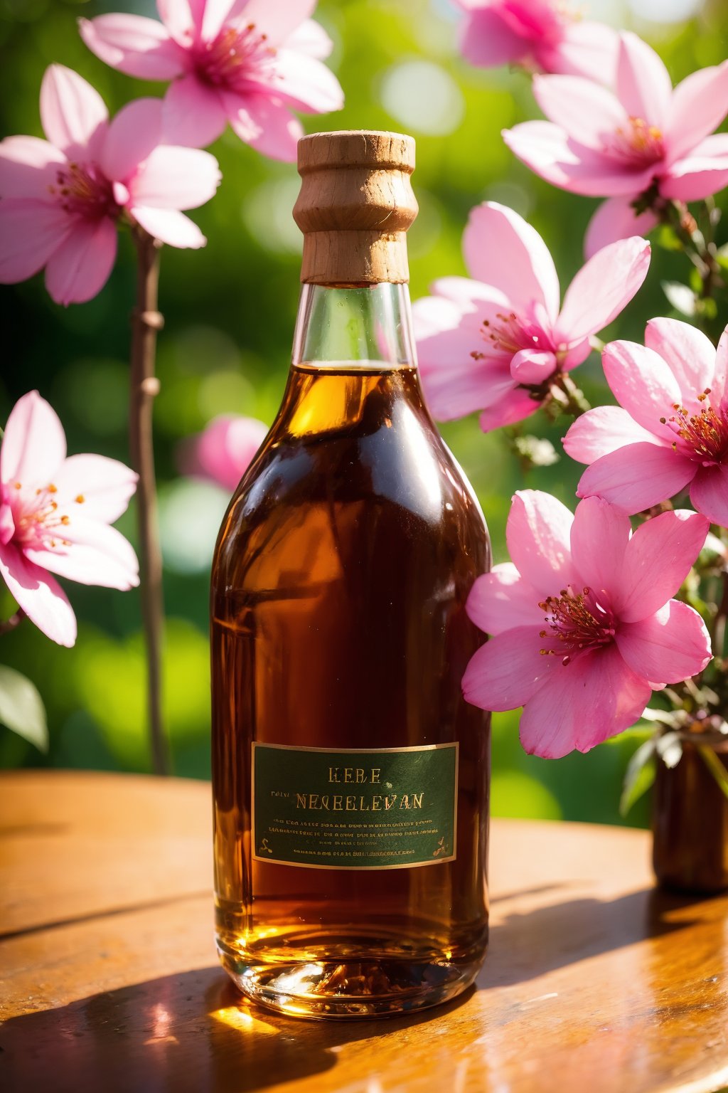 (photorealistic:1.4),(Realistic:1.2), no humans, flower, still life, pink flower, blurry, cup, realistic, glass, whiskey, depth of field, alcohol, drinking glass, bottle, blurry background, cherry blossoms, drink, photorealistic