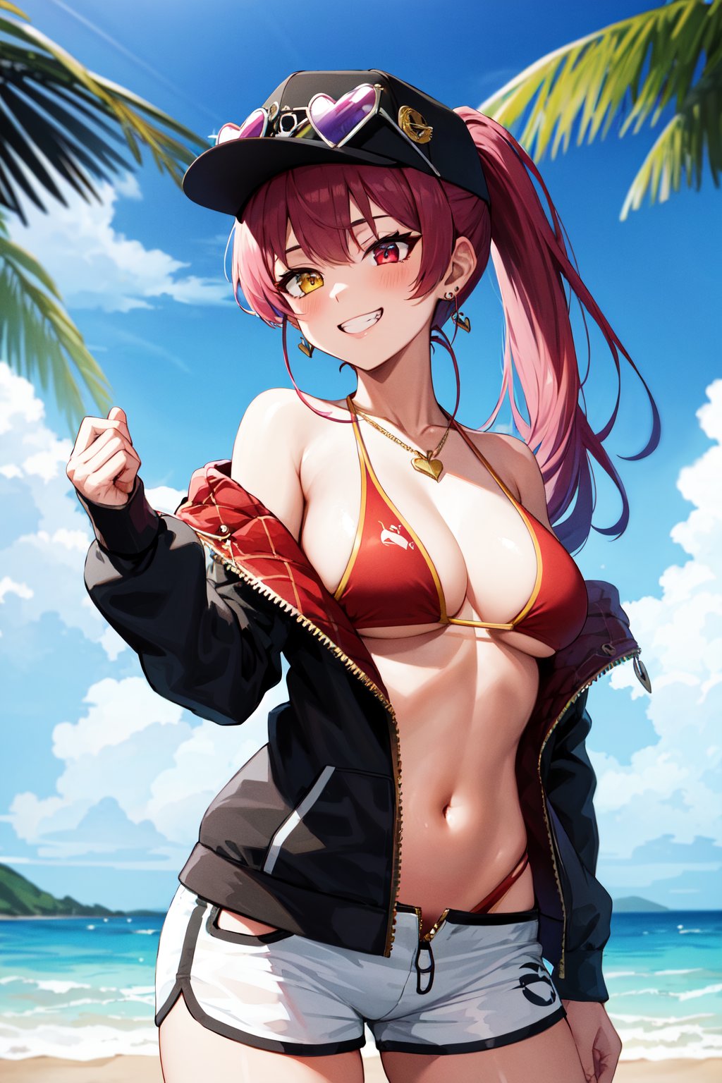 masterpiece, best quality, highres, eemarine, high ponytail, black headwear, sunglasses, heterochromia, earrings, necklace, bare shoulders, red bikini, bikini under clothes, black jacket, long sleeves, partially unzipped, short shorts, white shorts, <lora:houshou_marine_v1:0.7>, standing, cowboy shot, grin, beach