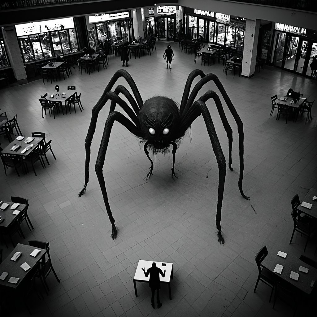 horrorcctvlora, public mall, horror (theme), monster, spider, monochrome, hiding tables, bird view