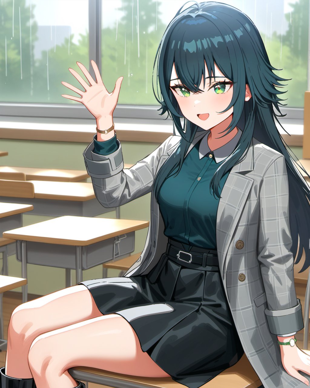 (impasto),best quality,masterpiece,highres,<lora:gakuenidolmaster1-A3:0.6>,temari tsukimura,temari one,1girl,long hair,green eyes,black footwear,black hair,grey coat,boots,black skirt,shirt,open clothes,jewelry,long sleeves,bracelet,upper body,plaid,sitting,classroom,rainning,waving,smile,:d,