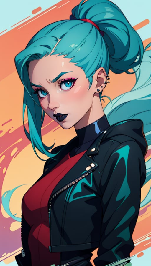 a girl with a leather jacket, inspired by rossdraws, gothic art, with long hair and piercing eyes, anime girl wearing a black dress, with teal clothes, (white skin), (thick black lipstick), (deep black eyes), lois van baarle, charlie bowater and artgem, glossy painting