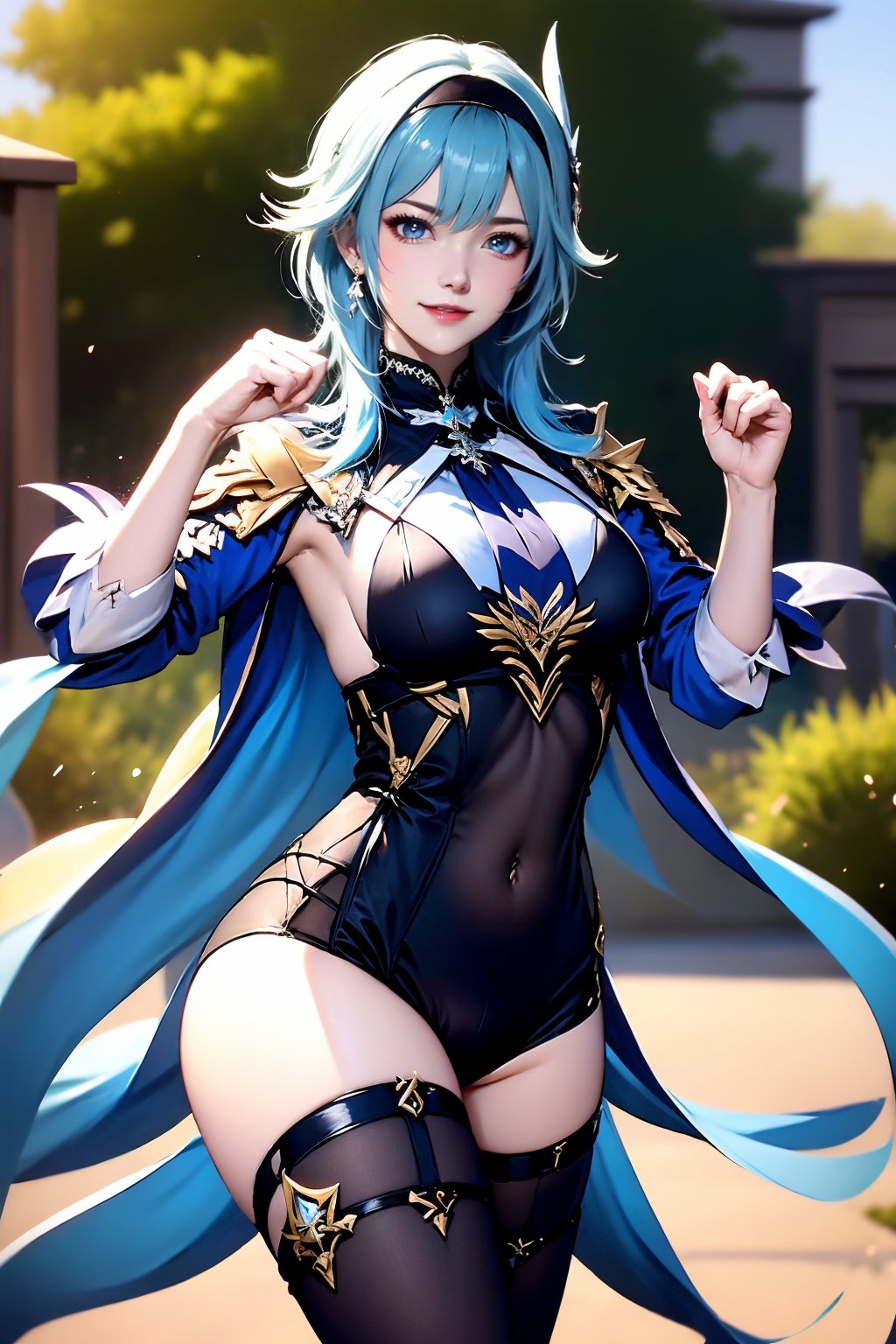 1girl, solo, eula \(genshin impact\), thighhighs, covered navel, blue hair, blue necktie, hairband, necktie, looking at viewer, black hairband, blurry background, black thighhighs, breasts, leotard, hair ornament, long sleeves, lips, blurry, blue cape, cape, medium hair, black leotard, skindentation, smile, paw pose, thighs, blue eyes, cowboy shot, parted lips, jewelry, large breasts, long hair, medium breasts, earrings, hands up, outdoors, boots, white shirt, shirt, thick thighs, thigh strap, gloves, cameltoe