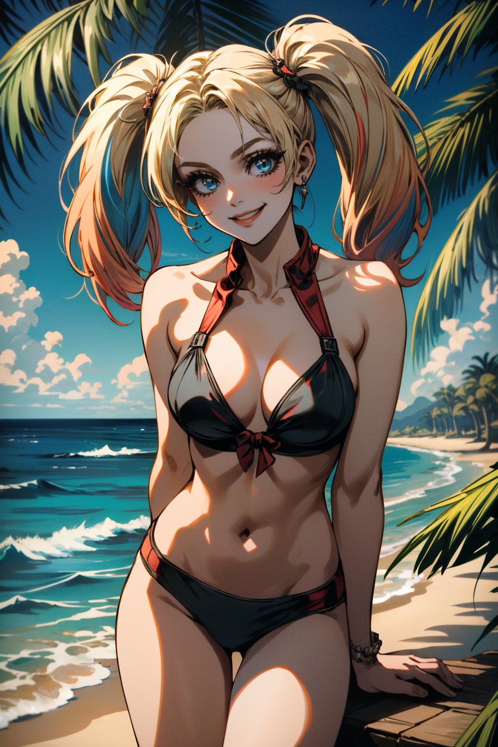 ((ultra detailed, masterpiece, absurdres)) <lora:I2HQuinn:0.8>I2HQuinn, 1girl, twintails, multicolored hair, blonde hair, blue eyes, smile, on a tropical island, bikini, palm trees, ocean