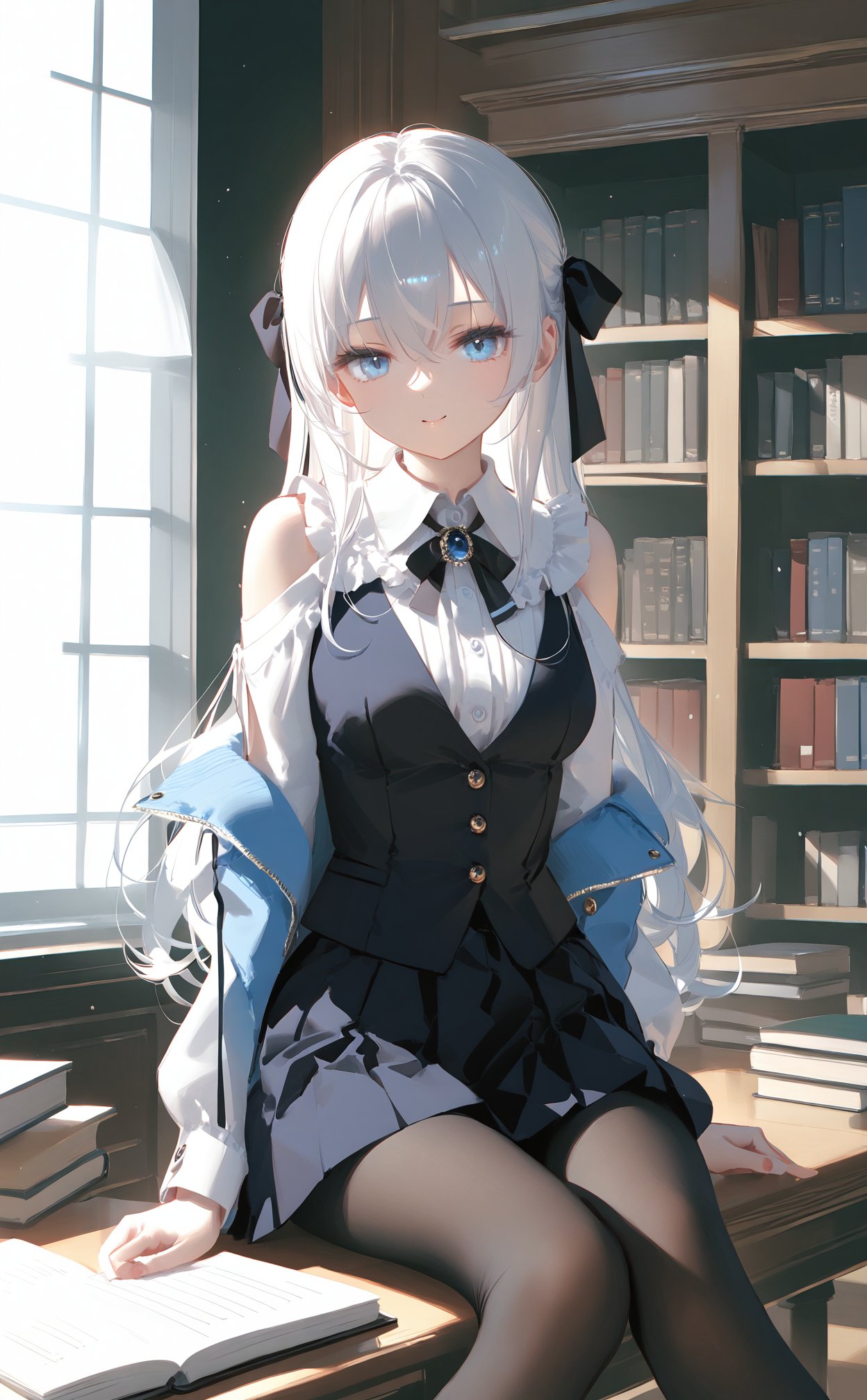 1girl,solo,blue eyes,white hair,(long hair),hair between eyes,medium breasts,white_shirt,frilled collar,pleated skirt,long sleeves,brooch,snowflake hair_ornament,waistcoat,black leggings,(open jacket),shoulder cutout,hair ribbon,sitting,looking at viewer,(jitome),half-closed eyes,[light_smile],depth of field,indoors,bookshelf,bookcase,counter,(french window),pendant lamp,open book,sunlight,light particles,masterpiece,bestquality,[Artist miwano rag],[Artist toosaka asagi],[Artist wlop],[Artist chen bin],[iumu],omochi_monaka,