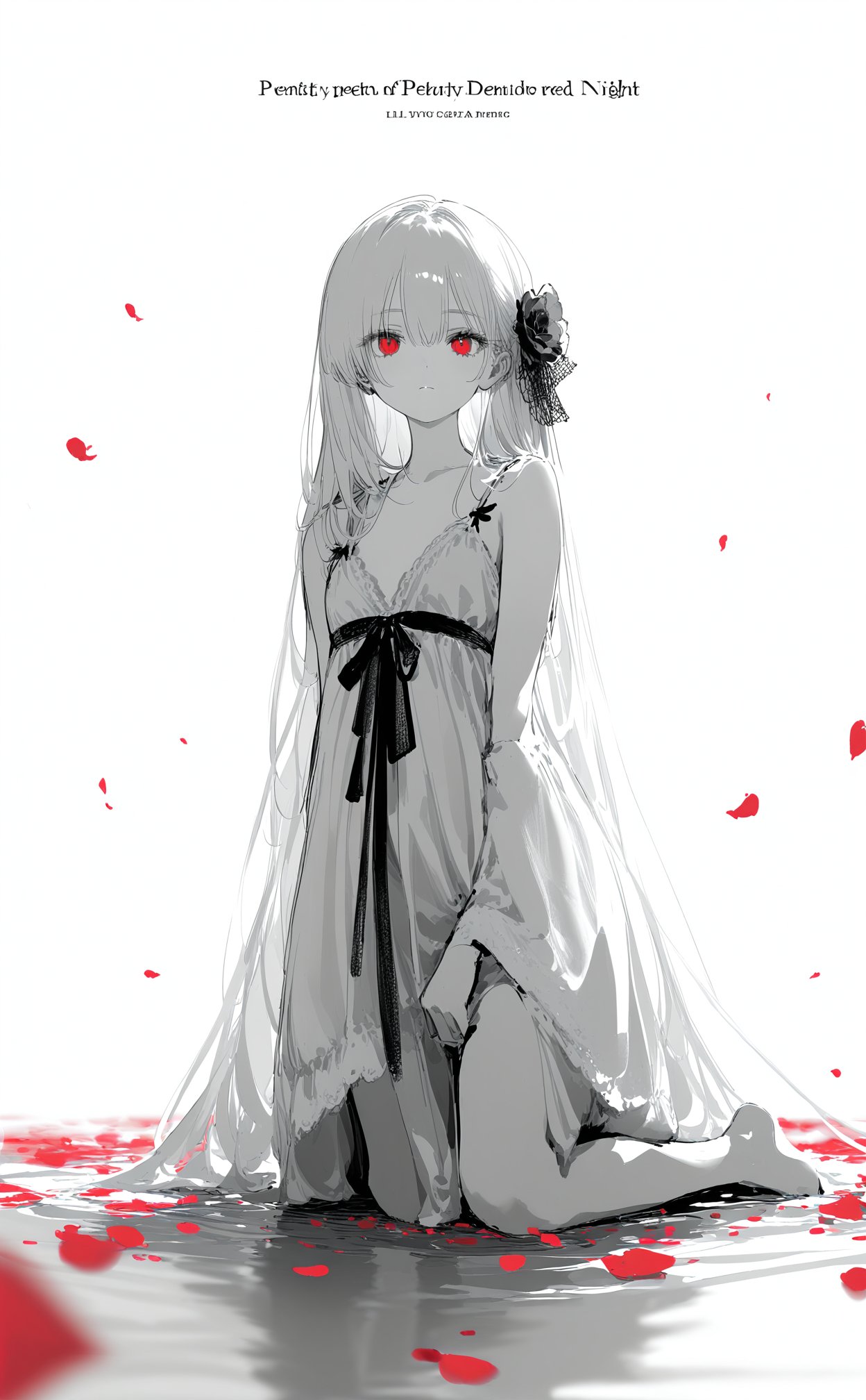 (masterpiece),(best quality),illustration,ultra detailed,hdr,Depth of field,(colorful),1girl,red eyes,white long translucent night gown,expressionless,(white hair),hair cover one eye,long hair,red hair flower,kneeling on lake,blood,(plenty of red petals:1.35),(white background:1.5),(English text),greyscale,monochrome,greyscale,monochrome,sketch,