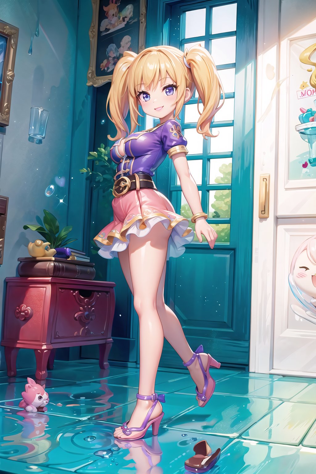 (masterpiece, best quality:1.3), 8k resolution, p0lly, 3d, toy, original, ultra-detailed, official wallpaper, cinematic shot, full body, shoes, contrapposto, hyper-detailed, (hyperrealistic, photoreal:1.1), upper body, large breasts, wide hips, sitting, head tilt,mhourglass figure, sexy, lips, makeup,1girl, belt, minigirl, polly pocket, laughing,, from side, jewelry, playful, playroom, indoors, sunlight, looking down, rubber, house, (dynamic), stylish, (shiny:1.1) fashion, blonde hair, twintails, purple nails, shirt, skirt, bracelet, (deep depth of field), cute, miniature, depth, glitter, extremely detailed, (intricate details), perfect face, finely detailed face, detailed eyes, volumetric, perfect composition,volumetric lighting, soft lighting,sweetscape,coralinefilm<lora:EMS-363895-EMS:1.100000>, <lora:EMS-179-EMS:0.300000>, <lora:EMS-30949-EMS:0.200000>