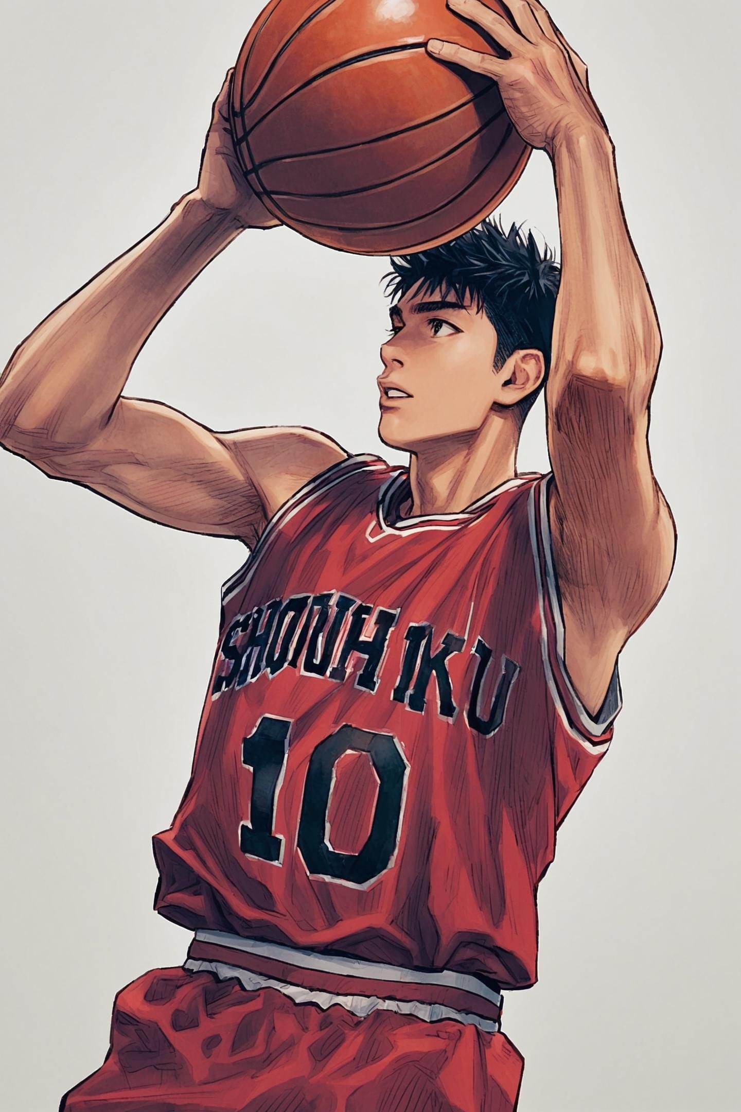 Mitsui Hisashi,1boy,basketball uniform,male focus,sportswear,solo,basketball,shorts,arms up,white background,red shorts,simple background,shirt,short hair,sleeveless,black hair,parted lips,ball,cowboy shot,sleeveless shirt,<lora:Inoue Takehiko_XL:0.8>,