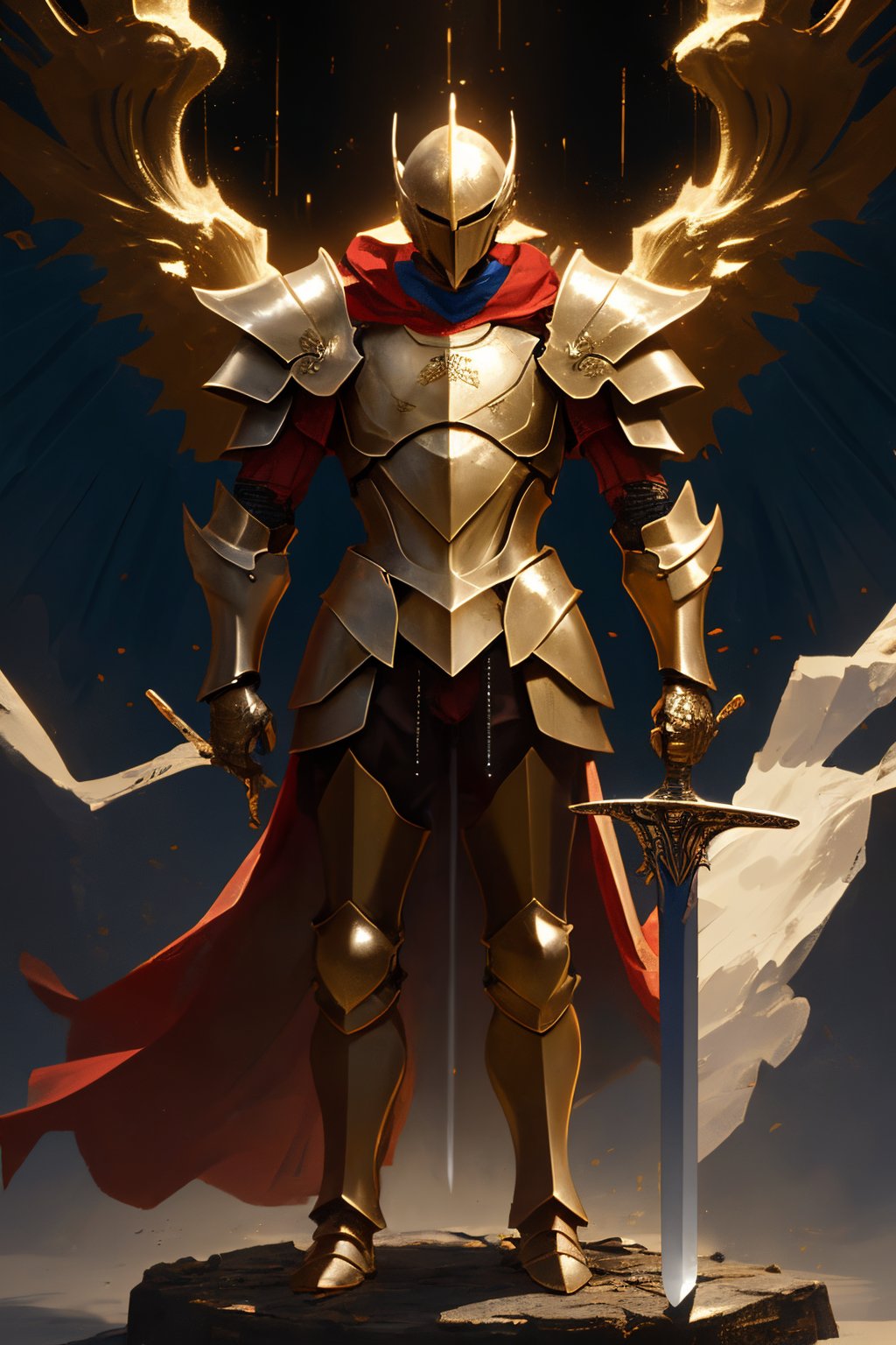 jjtsqs01,armor,weapon,solo,sword,shoulder armor,1boy,pauldrons,full armor,standing,red cape,holding sword,gold armor,full body,<lora:jjsq1.52:0.8>,