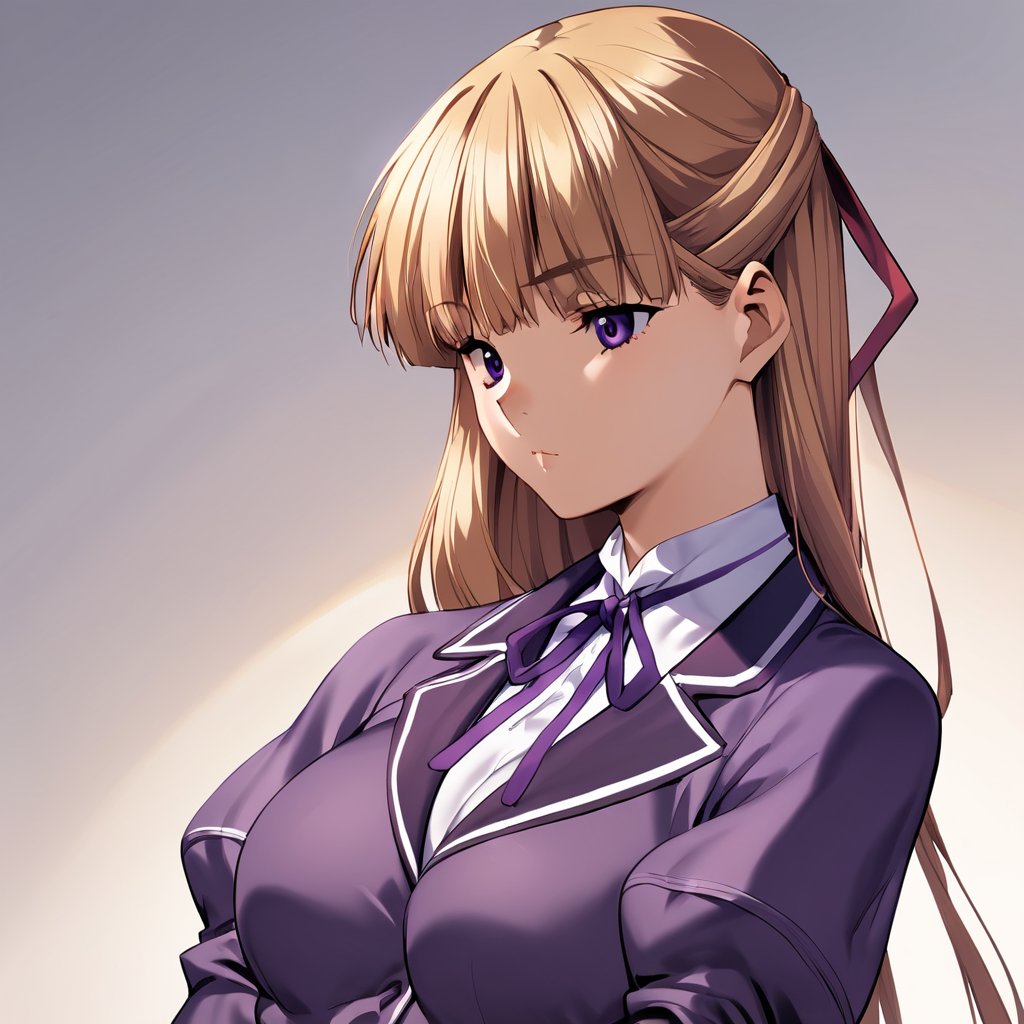 score_9, score_8_up, score_7_up, score_6_up, score_5_up, score_4_up, source_anim, high detailed,very aesthetic,upper body,kanzaki asuka, 1girl, solo, school uniform, purple blazer, purple skirt, half updo, hair ribbon, purple eyes, blonde hair, long hair, large breasts, blunt bangs, (masterpiece, high-quality, breathtaking, highres, ultra detailed), (expressive eyes, perfect face),<lora:kanzaki asuka auti:0.8>