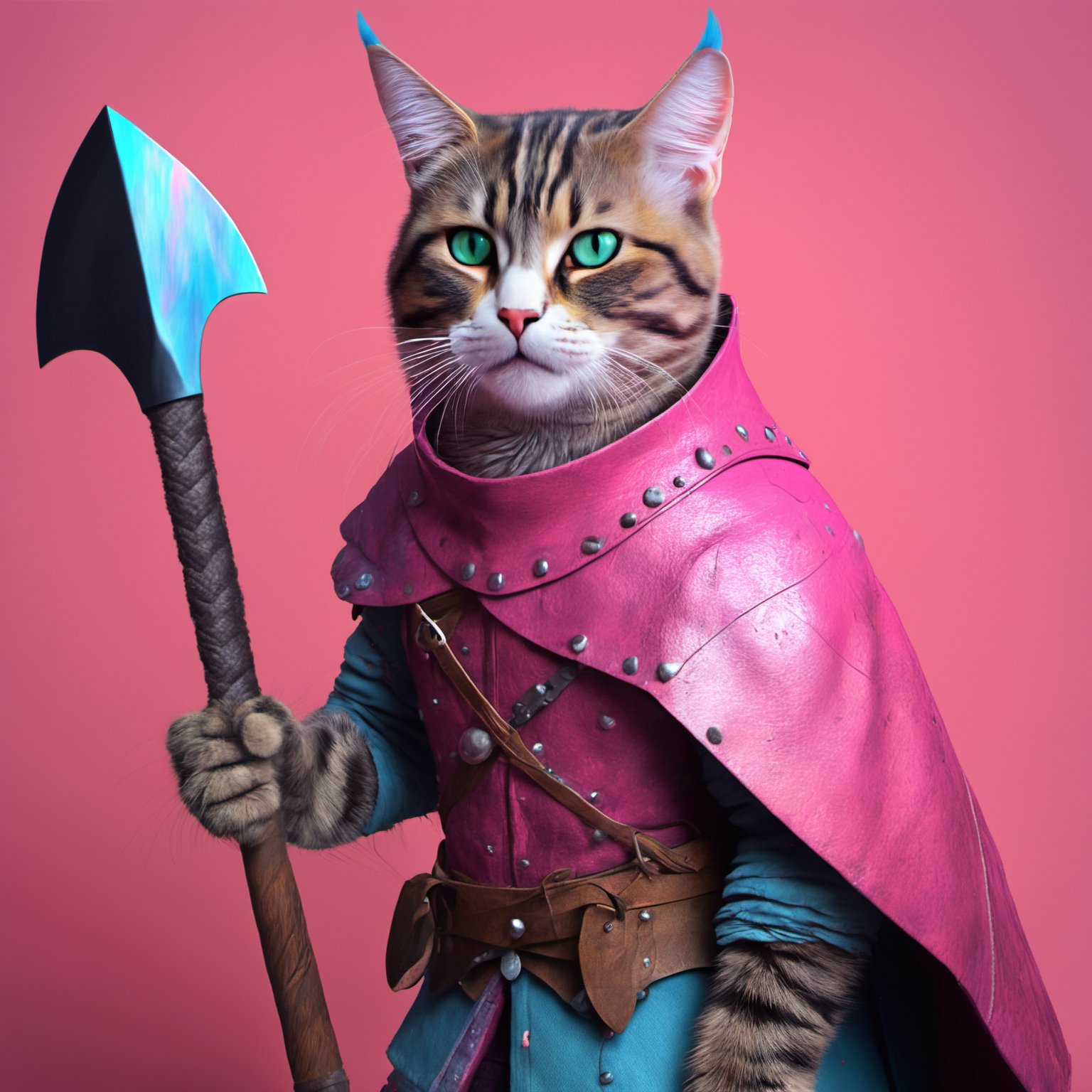 smirk, (by Carsten Meyerdierks:0.7) and Mike Sekowsky, photography art, Viking Warrior Cat, best quality, dressed in Shabby Glamorous warrior outfit, holding an axe, Simple illustration, deep pink and Rainbow hue, raytraced reflections, Flickr, aw0k cat