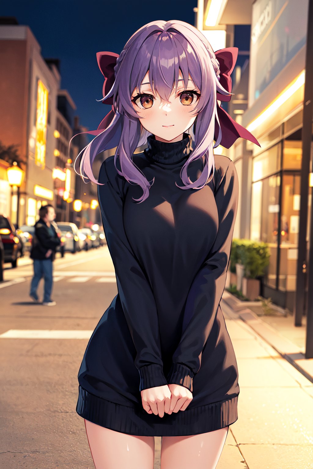 masterpiece, best quality, highres, aashinoa, hair bow, <lora:hiiragi_shinoa_v1:0.7>, street, night, standing, sweater dress, turtleneck, standing, cowboy shot, 