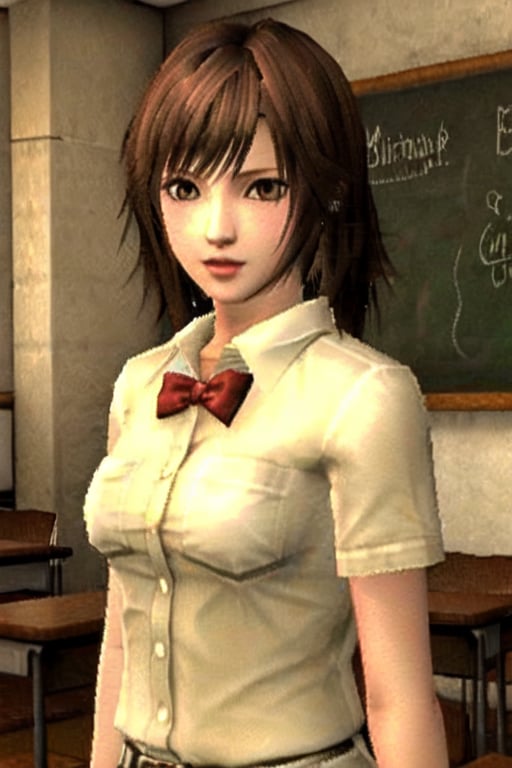 masterpiece, best quality, 1girl, ps2 style, medium hair, brown hair, wearing school uniform  <lora:PS2 Style:0.7>