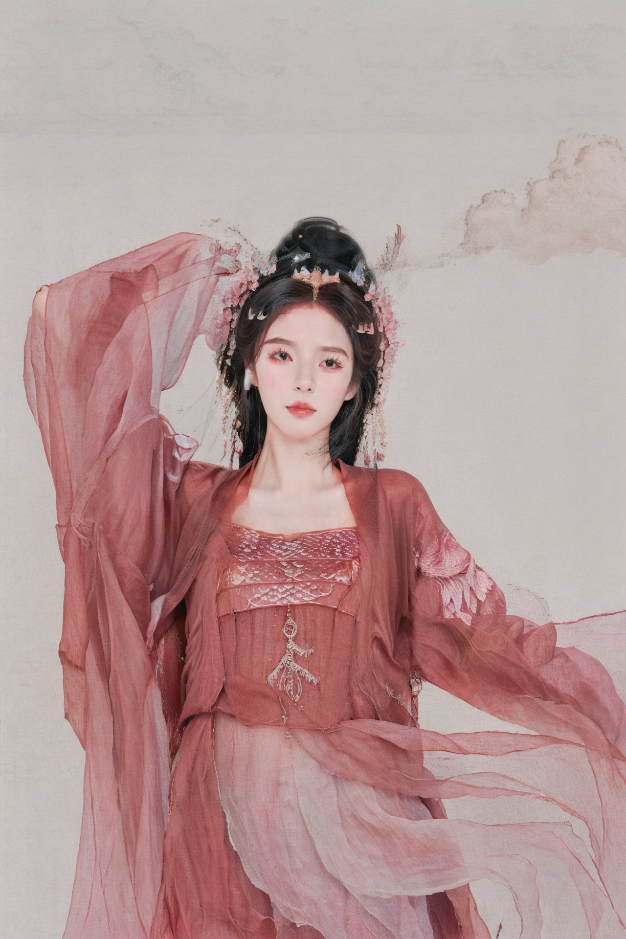 best quality,masterpiece,realistic,simple background,hanfu,hair ornament,chinese clothes,1girl,solo,black hair,long hair,plant,mountain,cloud,(flower:1.3),(cowboy shot:1.2),upper body,wind,(floating hair:1.3),(faux traditional media:1.3),<lora:水光肌1.0_v1-000018:0.5>,<lora:画中仙1.0_v4:0.8>,<lora:少女日记1.0_v4-000016:0.6>,dynamic pose,<lora:NO5_V1-000014:0.5>,(dancing:1.3),