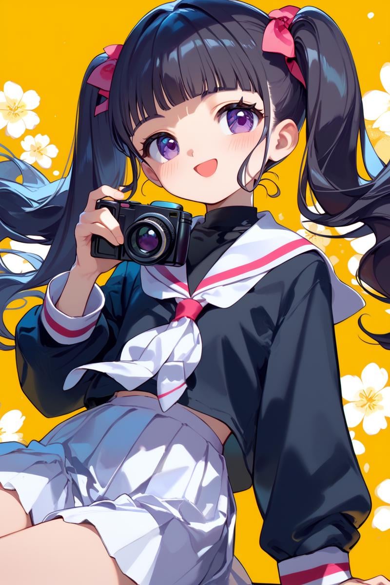 score_9, score_8_up, score_7_up, source_anime,simple background,cowboy shot,sitting, holding small camera, blush, open smile,<lora:tomoyo_autismConfetti_v01:1>black hair, blunt bangs, long hair, purple eyes,  twintails,tomoeda elementary school uniform,  black shirt, sailor collar, school uniform,  white sailor collar, long sleeves, white pleated skirt,, zPDXL