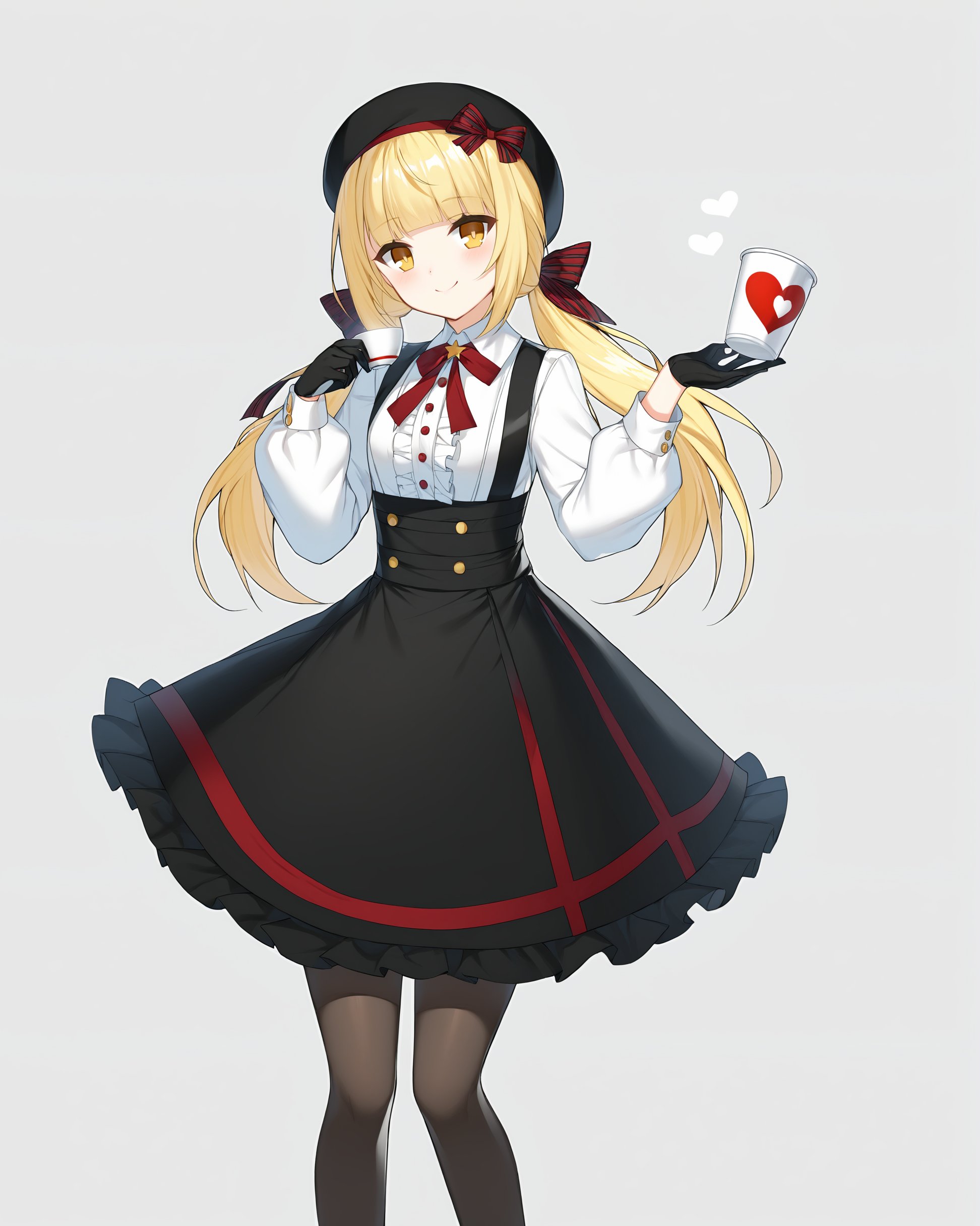 (closers),((lucy_\(closers\))),1girl,long hair,blonde hair,solo,pantyhose,gloves,hat,smile,cup,white background,black gloves,long sleeves,very long hair,shirt,white shirt,black headwear,holding,simple background,heart,eyebrows visible through hair,frills,looking at viewer,bangs,bow,black legwear,dress,closed mouth,hair bow,blush,beret,yellow eyes,collared shirt,black bow,black skirt,skirt,suspenders,ribbon,brown eyes,holding cup,suspender skirt,frilled dress,twintails,frilled skirt,petticoat,standing,black dress,neck ribbon,watermark,pinafore dress,blunt bangs,feet out of frame,center frills,black ribbon,dress shirt,low twintails,hair ribbon,striped,striped bow,food,grey legwear,buttons,red ribbon,web address,puffy long sleeves,puffy sleeves,high-waist skirt,half gloves,hands up,brown legwear,head tilt,artist name,sidelocks,sleeveless dress,knees together feet apart,sleeveless,floating hair,twitter username,red neckwear,hair between eyes,breasts,layered skirt,lolita fashion,star (symbol),<lora:closers:1>,