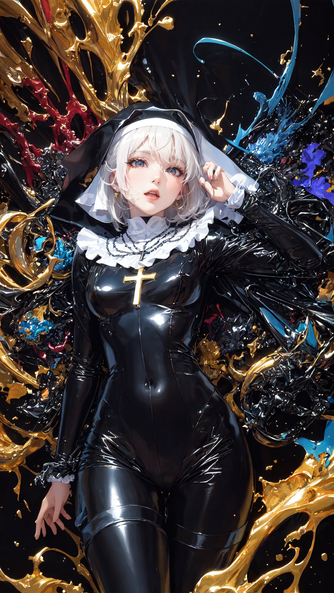 tutututu, nun,cross necklace, latex bodysuit, shiny clothes,official art, unity 8k wallpaper, ultra detailed, beautiful and aesthetic, masterpiece, best quality, (zentangle, mandala, tangle, entangle), (fractal art:1.3) , 1girl, extremely detailed, dynamic angle, cowboyshot, the most beautiful form of chaos, elegant, a brutalist designed, vivid colours, romanticism, by james jean, roby dwi antono, ross tran, francis bacon, michal mraz, adrian ghenie, petra cortright, gerhard richter, takato yamamoto, ashley wood, atmospheric, ecstasy of musical notes, streaming musical notes visible, <lora:tutu修女:0.65>