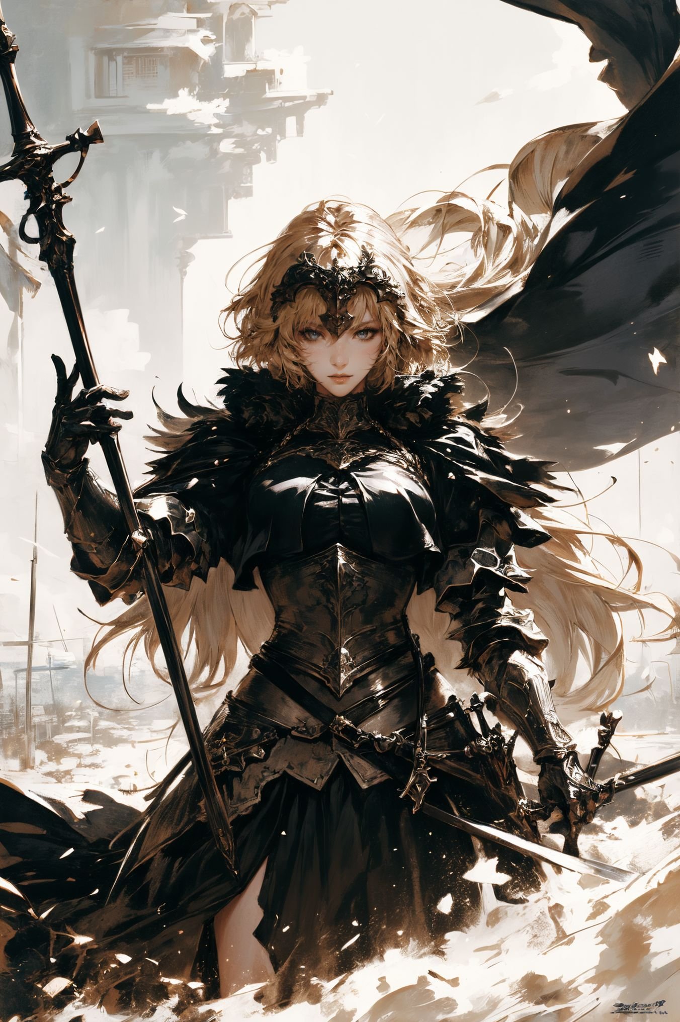 a stunning art,abstract,flowery,predominantly white,dynamic pose,centered,key visual,intricate,highly detailed,breathtaking beauty,precise lineart,vibrant,comprehensive,cinematic,xuer Jeanne D Arc,(Attacking posture:1.3),<lora:绪儿-黑贞德 xuer Jeanne D Arc:0.8>,