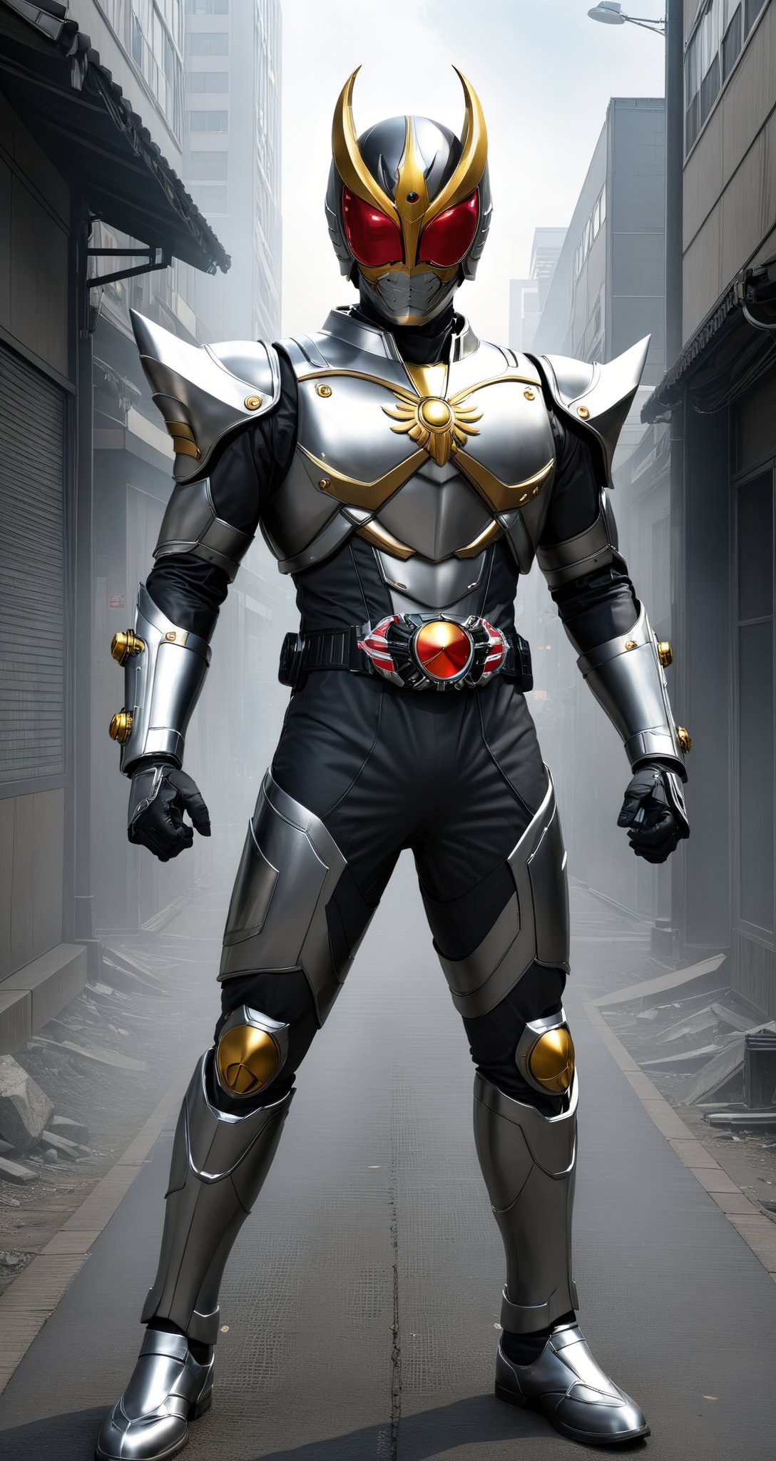 Kamen rider style, the masquerade guardian of the will of steel, wearing a steel suit and a mask of perseverance, stands in every corner of the city, guarding the peace of the citizens. In the face of evil, without flinching, with iron fist and faith to defend justice.