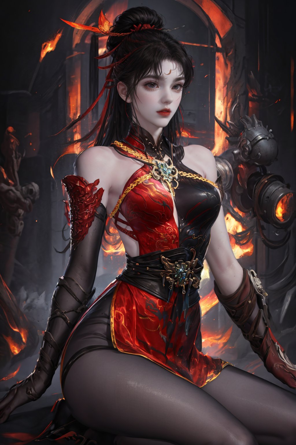 future002,strapless dress,Red dress,hair ribbon,long hair,black hair,chinese clothes,black legwear,<lora:future001-0417:0.9>,absurdres,looking_at_viewer,lawn,sitting,, best quality,masterpiece,highres,official art,extremely detailed cg unity 8k wallpaper,