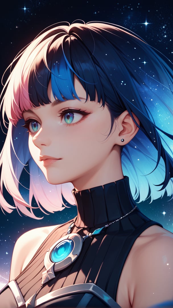 score_9, score_8_up, score_7_up, score_6, score_5, score_4, masterpiece, best quality,1girl, portrait, multicolored hair, fringe, bare shoulders, upper body, cosmic