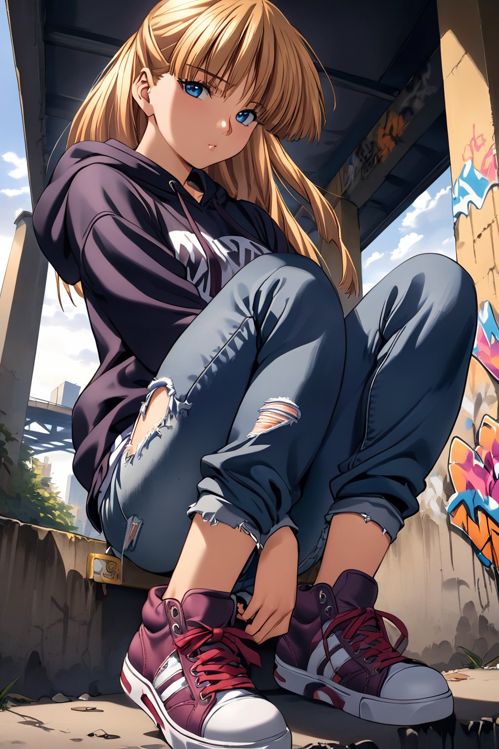 high detailed,very aesthetic,cowboy shot,high detailed,very aesthetic, kanzaki asuka, 1girl, blonde hair, blue eyes, detailed gorgeous eyes, perfect face, detailed face, street-style girl, sitting, confident pose, under bridge, graffiti art, urban setting, hoodie, ripped jeans, sneakers, vibrant colors, expressive graffiti, shadows, natural lighting, BREAK, relaxed expression, hands in pockets, cool demeanor, wind-blown hair, cinematic, dusk, from_below,<lora:kanzaki asuka aam:0.8>