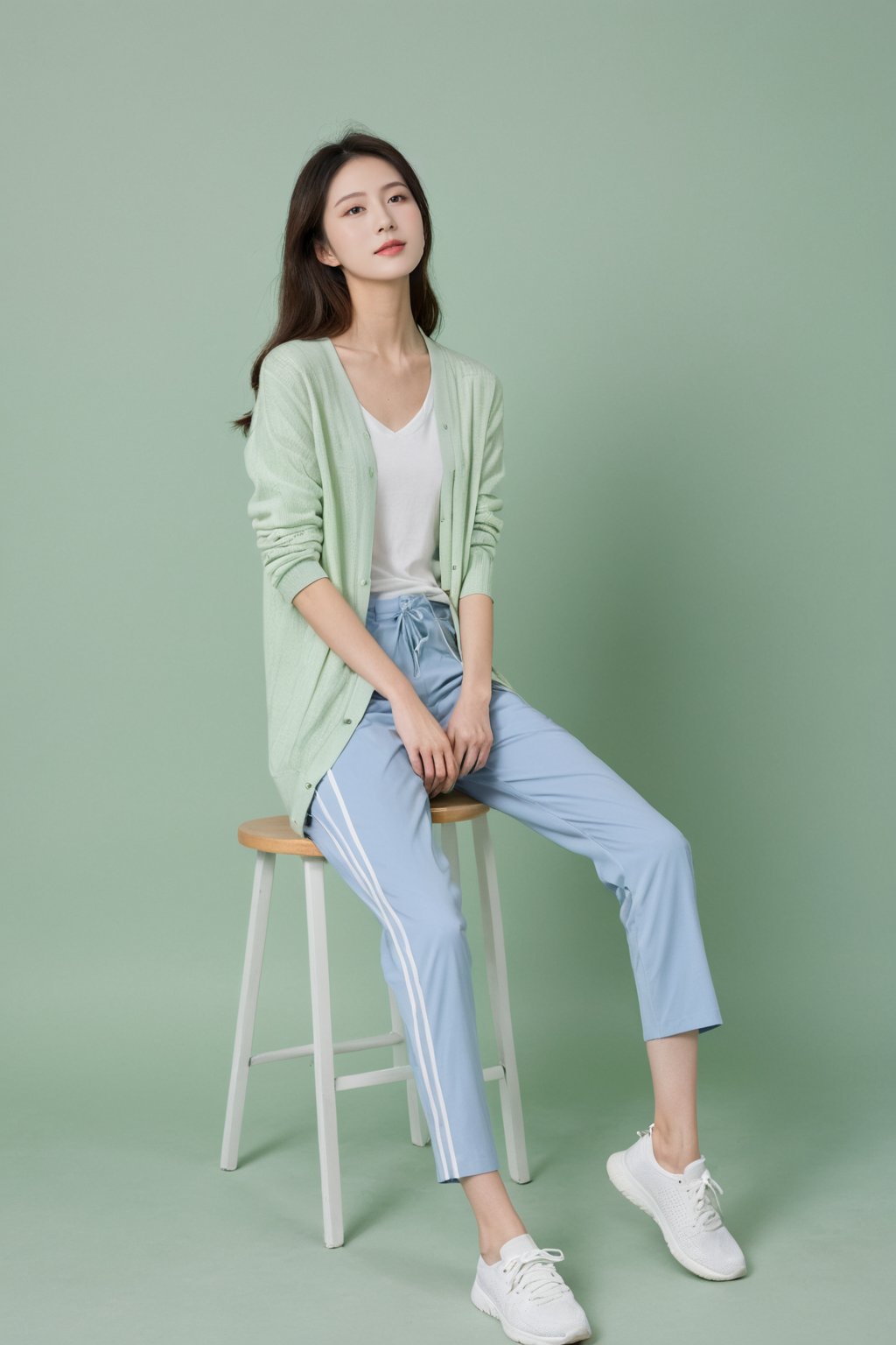 Asian female relax,Thin cardigan sweater,Capris,sports shoes,OOTD,Outfit of the Day,full_body,solo,simple_background,light green background,