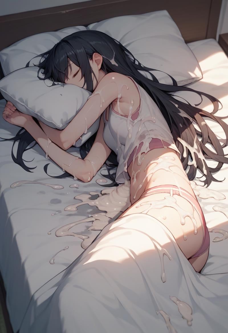 score_9, score_8_up, score_7_up, score_6_up, source_anime, <lora:extreme_bukkake_v0.1-pony:1> 1girl, long hair, black hair, bed, pillow, sleeping, excessive cum, underwear, cum on body,