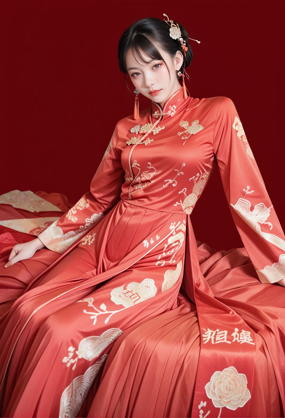 score_9,score_8_up,score_7_up,8k,red background,1girl,solo,,ruanyi0711,chinese clothes,red dress,long dress,long sleeves,<lora:0711 Chinese wedding dress_v1_pony:1>