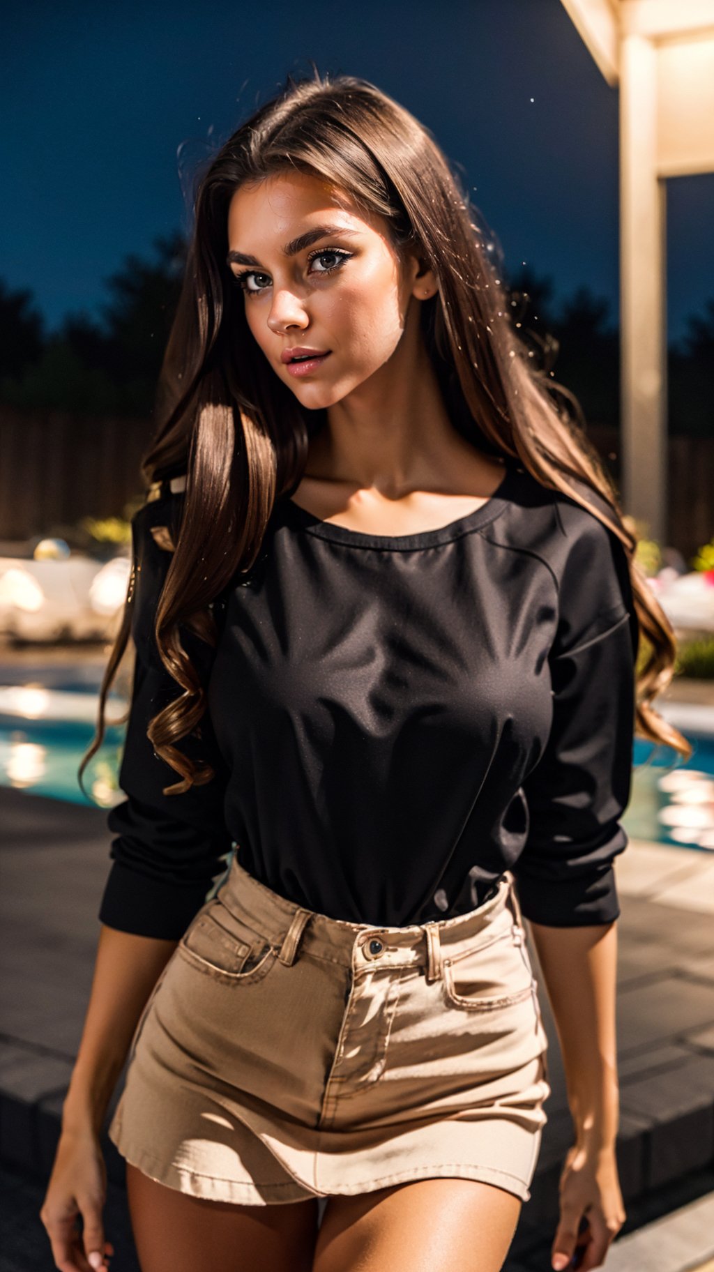 (masterpiece, realistic, best quality, ultra detailed), intricate, professional photography, HDR, High Dynamic Range, (8k UHD), RAW photo, dslr, realistic LUT, cinematic LUT, soft lighting, night time, Stunning, young, woman, Long hair, Brown hair, Round eyes, Hazel eyes, Parted lips, Peach lips, Natural makeup, Confident, Fit body, Black fitted T-shirt, skimpy skirt, Key light, Night, outdoors,