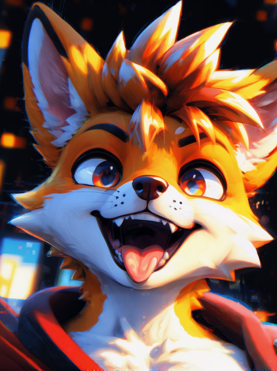 anthro fox, muscular, swaggy, glitchy, close up portrait, bottom view, opened mouth, tongue out, defying look, spiky hairs, BREAK,(best quality, high quality:1.4),good colors,<lora:vrcfurry_v43-000021:0.70> <lora:lihui4JXK-b2-bf16-128-128-1-re1-ep3-768-DA-5015fix:0.35> <lora:fluffyrock-quality-tags-v2.1.1-vpred:1> <lora:hd_helper_v1:0.01> <lora:niji_wushi:0.15> <lora:starlight:0.6> <lora:TailsFixer:0.8>