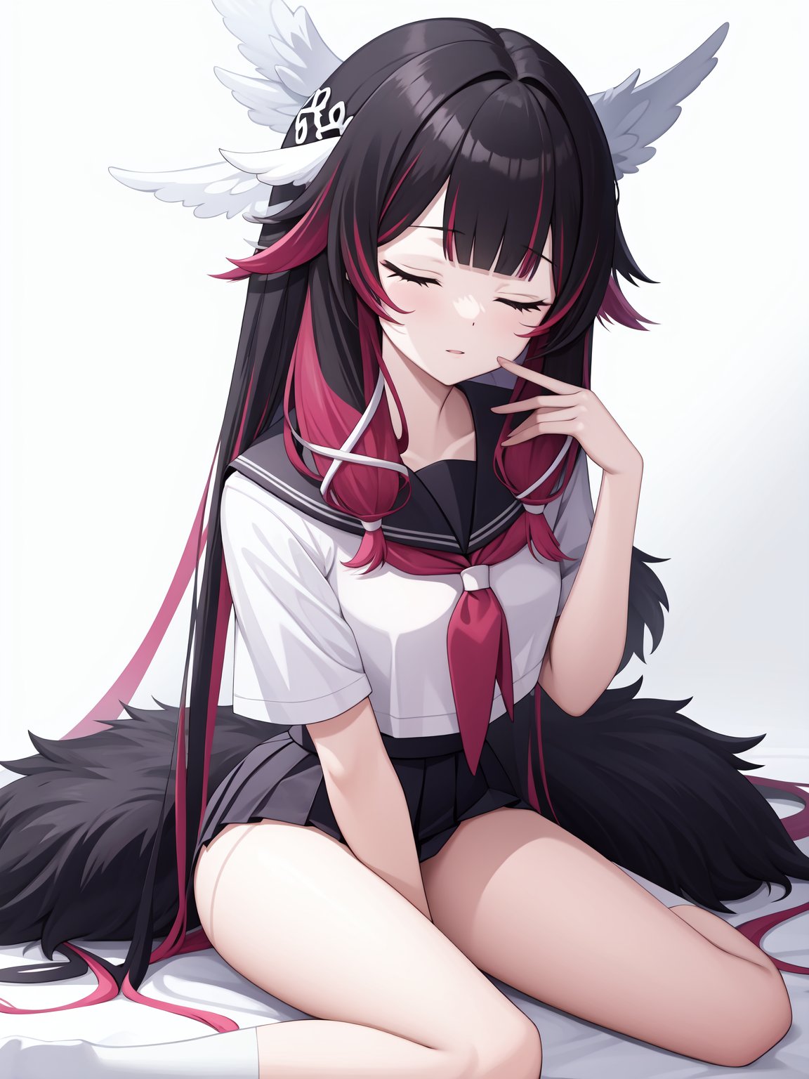 <lora:shaonv-000016:0.9>,shaonv,multicolored hair,closed eyes,fur trim,black hair,pink hair,hair ornament,two-tone hair,blunt bangs,white head wings,school_uniform,serafuku,white silk stockings,, 1girl,,  (masterpiece,best quality:1.2),absurdres