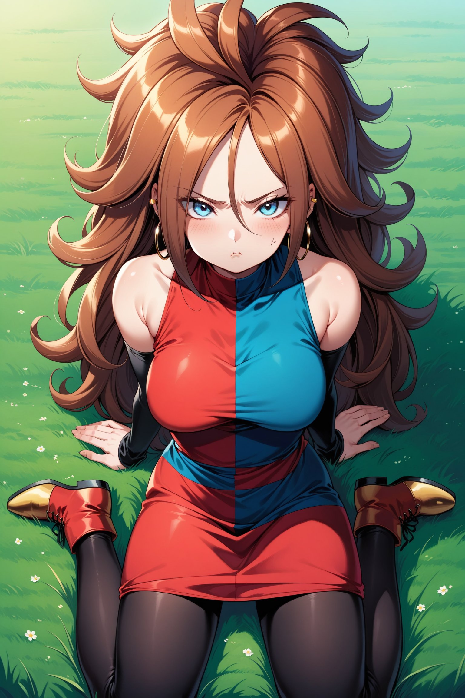 (masterpiece, best quality, very aesthetic, ultra detailed), intricate details, aaandro, brown hair, long hair, curly hair, blue eyes, hoop earrings, two-tone dress, checkered dress, sleeveless, bare shoulders, detached sleeves, black pantyhose, <lora:android_21_XL_v1:0.9>, wariza, grass, field, boots, pout