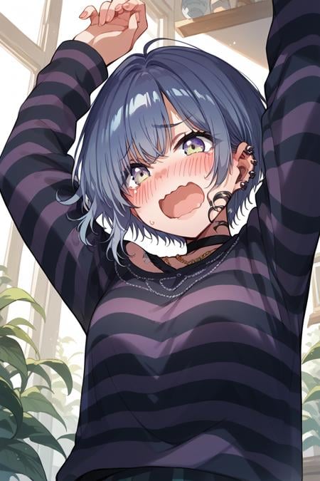 score_9, score_8_up, score_7_up, score_6_up, 1girl, solo,<lora:Sophia:0.9> sophia, striped, blush, shirt, arms up, short hair, open mouth, wavy mouth, jewelry, long striped shirt, ear piercing, long sleeves