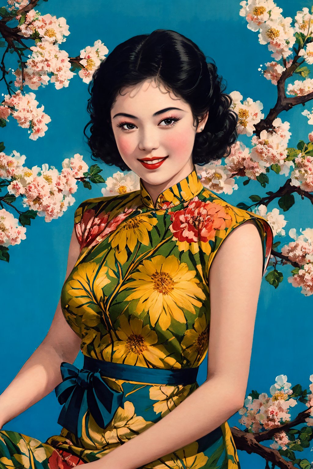 Masterpiece,best quality,(Highest picture quality),1girl,Smiling,Tree,Flowers,Look at the audience,Portrait,The sun and #x27,s,(Blue background),(Master and #x27,),(ultra-detailed),{top quality}